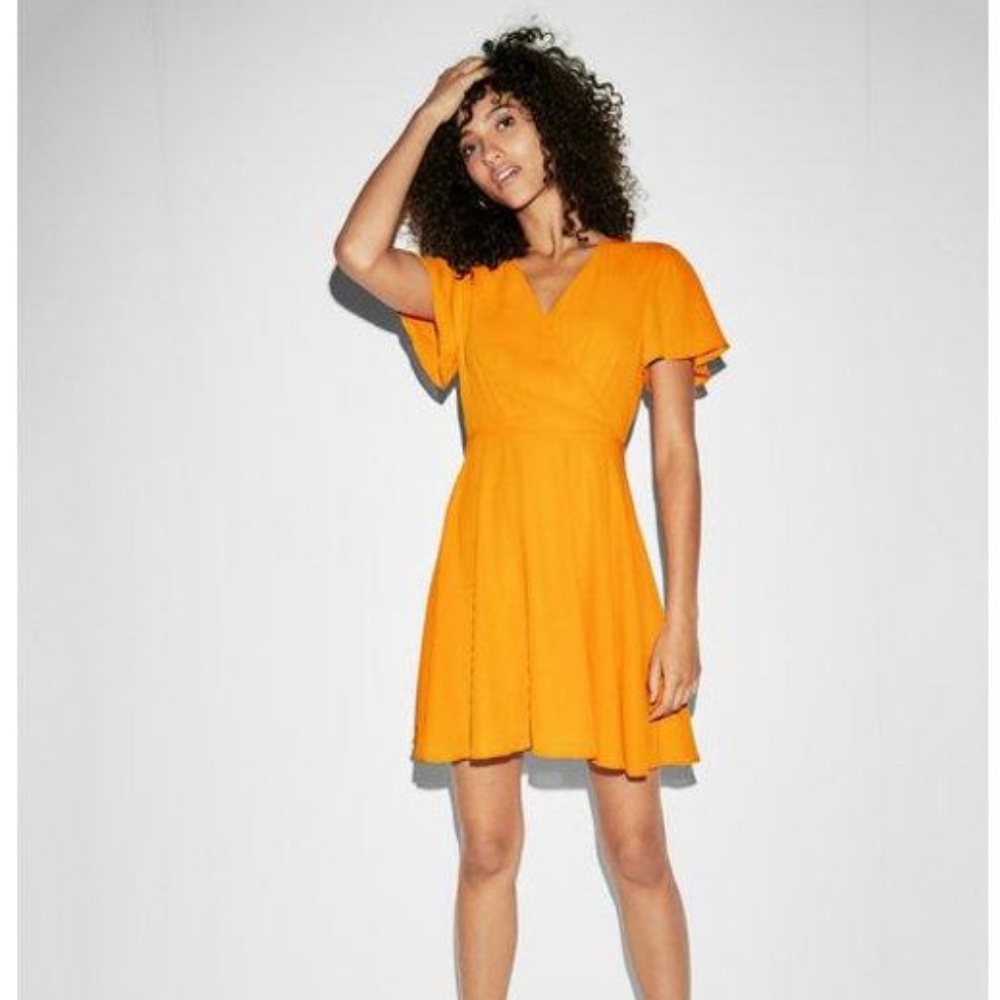 Yellow Surplice Flutter Sleeve Fit & Flare Dress